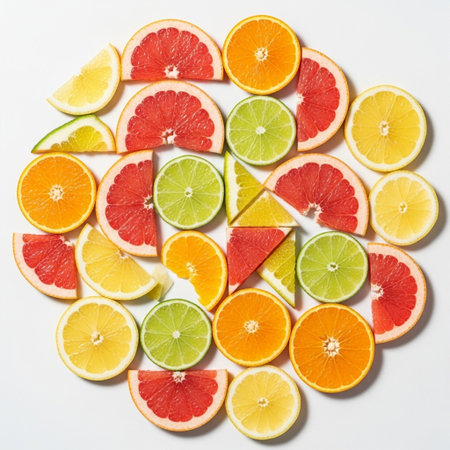 Slices of citrus fruit on white background, top view.の素材