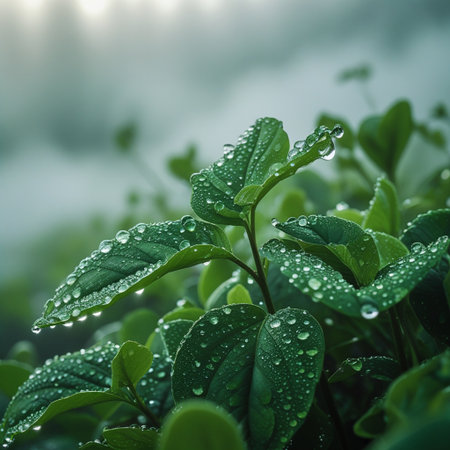 Morning dew on the leaves of a bush. Beautiful natural background