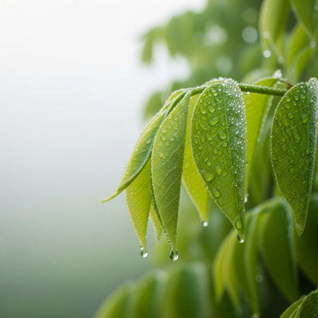 Green leaves with water drops on a blurred background. Shallow depth of field