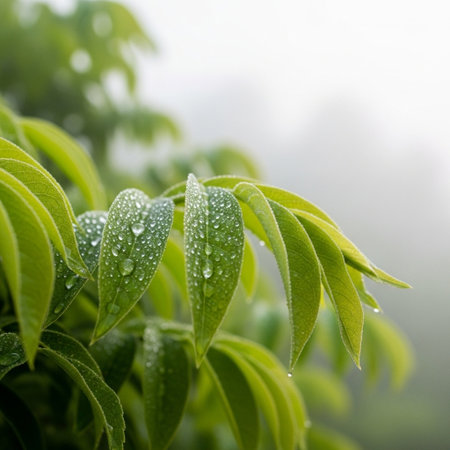 Green leaves with drops of water on a foggy summer morning.