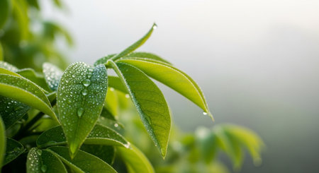 Green leaves with dew drops in the morning. Natural background.の写真素材