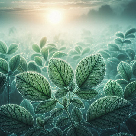 Foggy landscape with green leaves. 3d render illustration.の写真素材