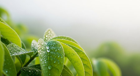 Close up of fresh green leaf with water drops in the morning.の写真素材