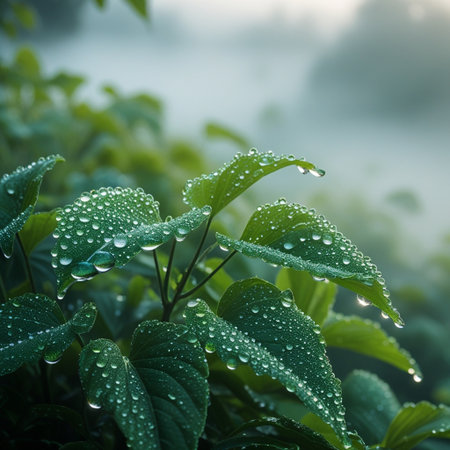 Morning dew on the green leaves of a bush in the forestの素材