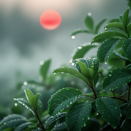 Morning dew on the green leaves of shrubs. Nature backgroundの素材