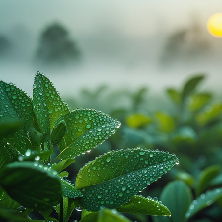 Green leaves with dew drops in the morning. Nature background.の素材