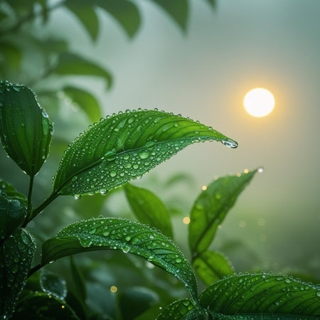 Green tea leaves with dew drops in the morning. Nature backgroundの素材