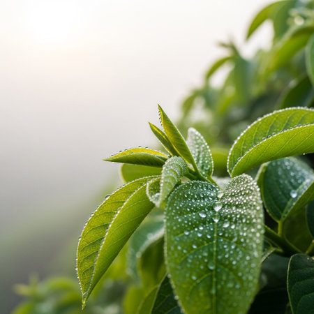 Green leaves with dew drops on the morning. Nature background.の素材