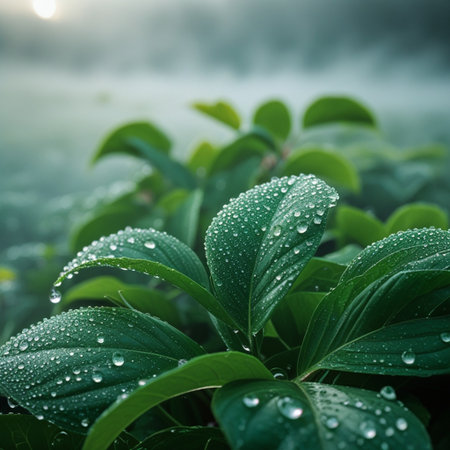 Morning dew on the green leaves of the plant. Nature backgroundの素材