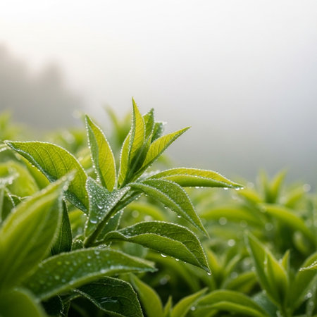 Green tea leaves with morning dew. Nature background. Selective focus.の素材