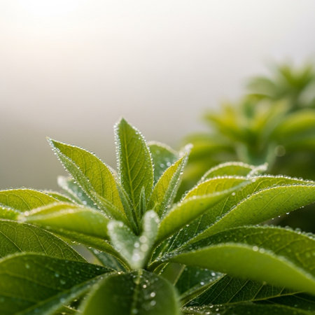 Green leaves with morning dew, close-up. Nature backgroundの素材