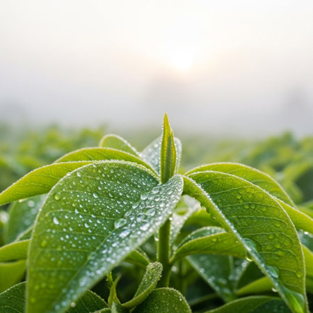 Green soybean field with morning dew, close-up.の素材