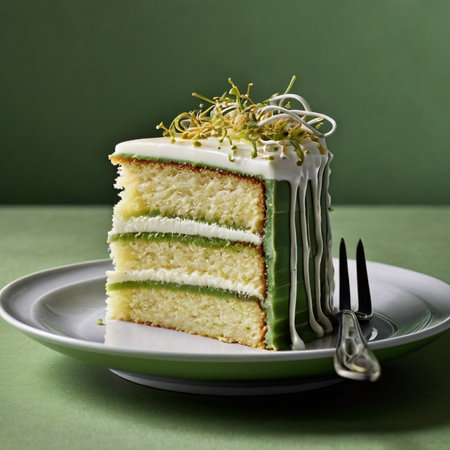 Sponge cake with zucchini and cream on a green backgroundの素材