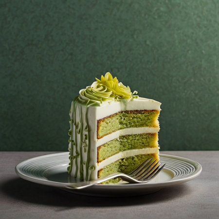 Green tea cake on a plate with a fork and a green backgroundの写真素材