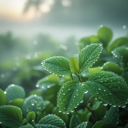 Morning dew on the green leaves of a plant. Nature backgroundの写真素材