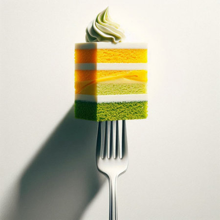 A piece of cake with cream on a fork on a white backgroundの写真素材