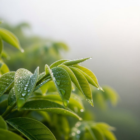 Green tea leaves with dew drops in the morning. Natural background.の素材
