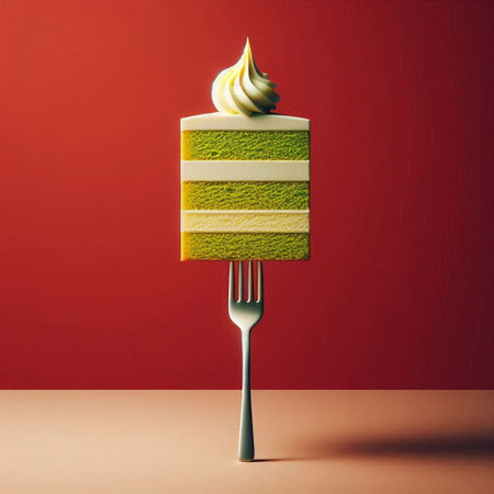Piece of cake with cream on a fork against a red backgroundの写真素材