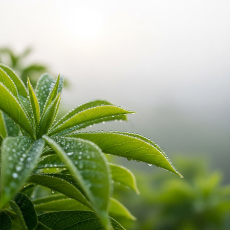 Green leaves with dew drops in the morning. Nature background.の写真素材