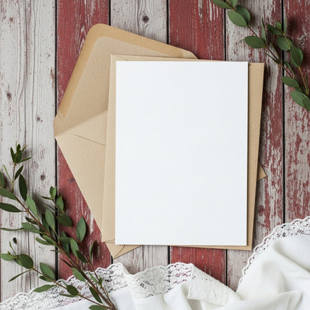 Blank paper sheets and envelope on wooden background. Flat lay.の写真素材