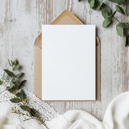 Greeting card mockup with envelope and eucalyptus branchesの写真素材