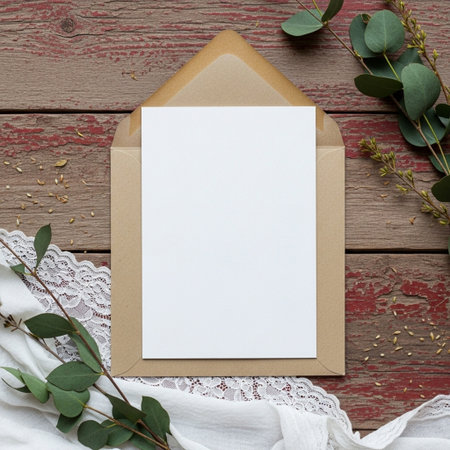 Greeting card mockup with envelope on rustic wooden backgroundの写真素材