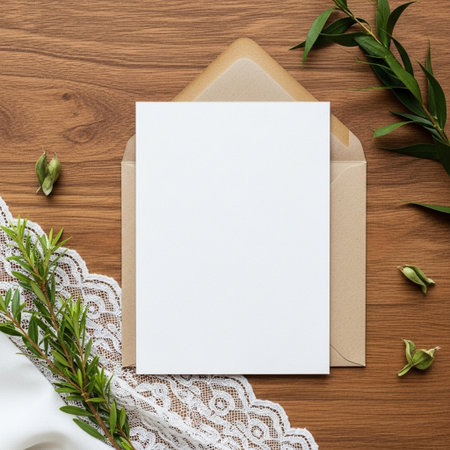 Wedding invitation or greeting card mockup on wooden background.の写真素材