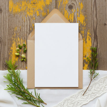 Envelope with a white sheet of paper on a wooden backgroundの写真素材