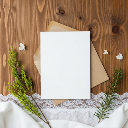 Blank greeting card, envelope and fir branches on wooden background.の写真素材