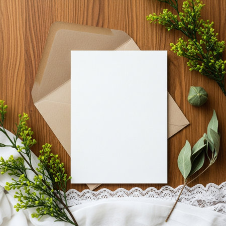 Blank greeting card with envelope on wooden background. Flat lay.の写真素材