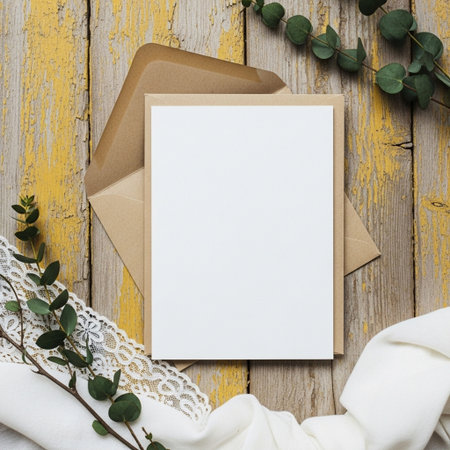 Wedding invitation or greeting card mockup with envelope on old wooden backgroundの写真素材