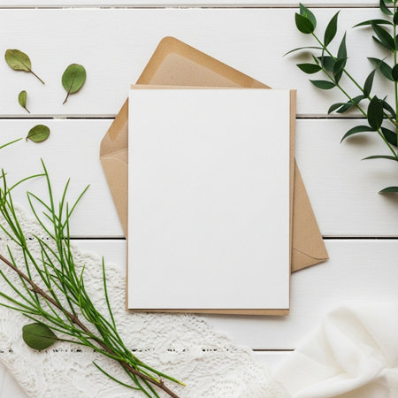 Creative flat lay overhead top view mockup photo of envelope with blank paper card on white wooden background with copy space. Template mock up for feminine blog social media postの写真素材