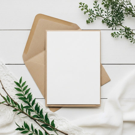 Creative flat lay top view mockup of wedding invitation card, envelope and leaves on white wooden background copy space. Template feminine blog social mediaの写真素材