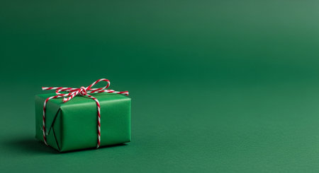 Green gift box with red and white ribbon on a green background.の写真素材