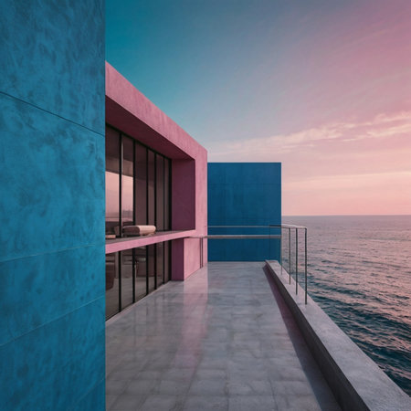 3d render of modern house exterior with sea view at sunset.の素材
