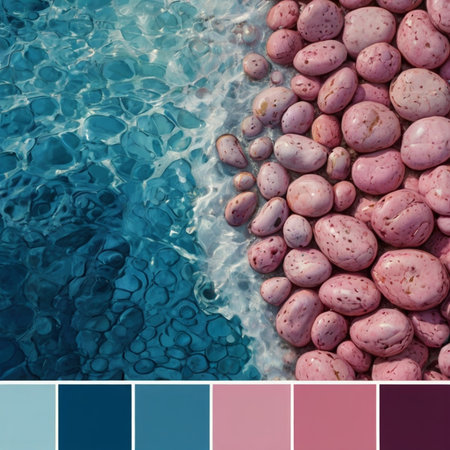 Color palette guide with pebbles in swimming pool, collageの素材