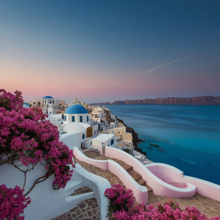 Santorini island, Greece. Beautiful view of Oia village at sunset.の素材