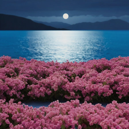 Pink Bougainvillea flowers in full moon light with sea backgroundの素材