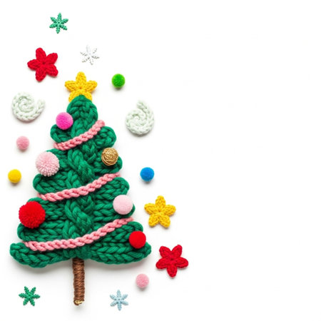 Christmas tree made of knitted wool on a white background, top viewの写真素材