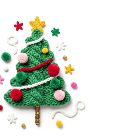 Christmas tree made of knitted wool on white background, top viewの写真素材