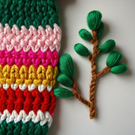 Handmade crocheted multicolored socks on a white background