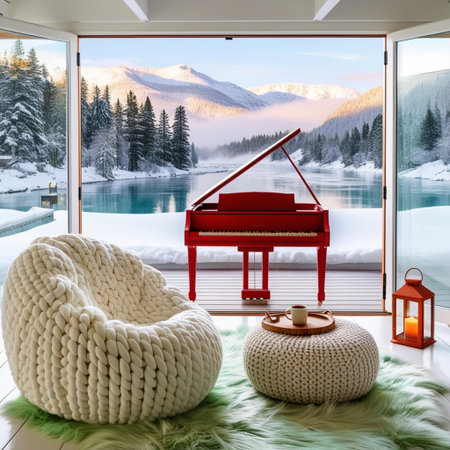 3d rendering of a living room with a view of the mountainsの素材
