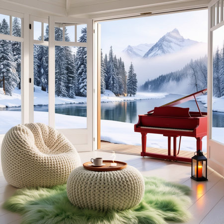 Piano and chair in the living room with a view of the mountainsの素材