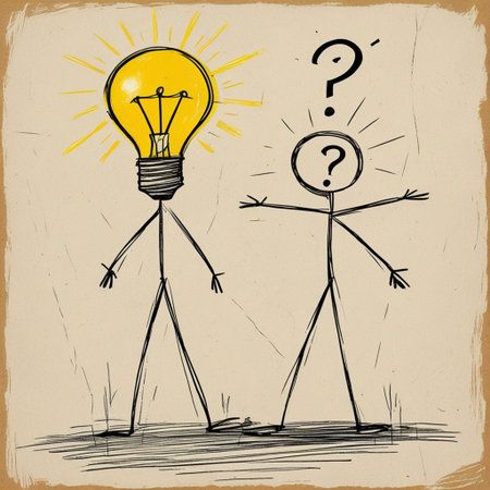 Hand drawn cartoon man with question mark and light bulb. Vector illustration.