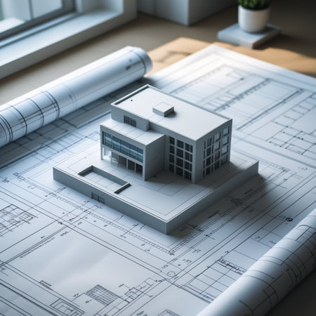 3d rendering of a house on architectural blueprints. Construction concept.