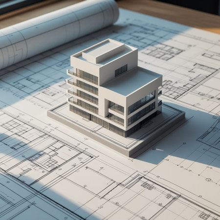 Architectural project with model of house on blueprints. 3D rendering
