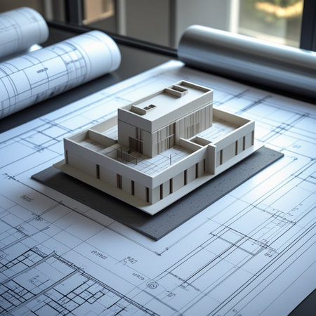 Architecture model with blueprints in the background. 3D rendering.