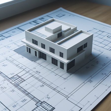House model on blueprints, architectural concept. 3D Rendering