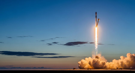 Space rocket taking off from the runway at sunset. Concept of business success