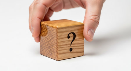 Wooden cube with question mark on white background. Business concept.